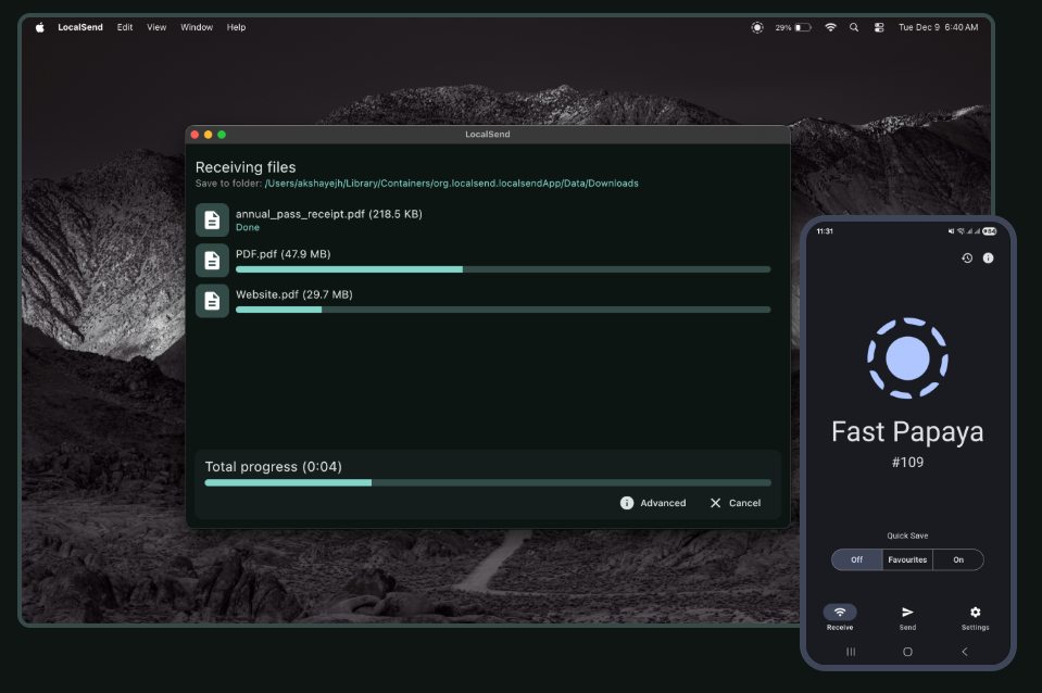 Tela do LocalSend recebendo arquivos no computador enquanto um celular aparece ao lado.