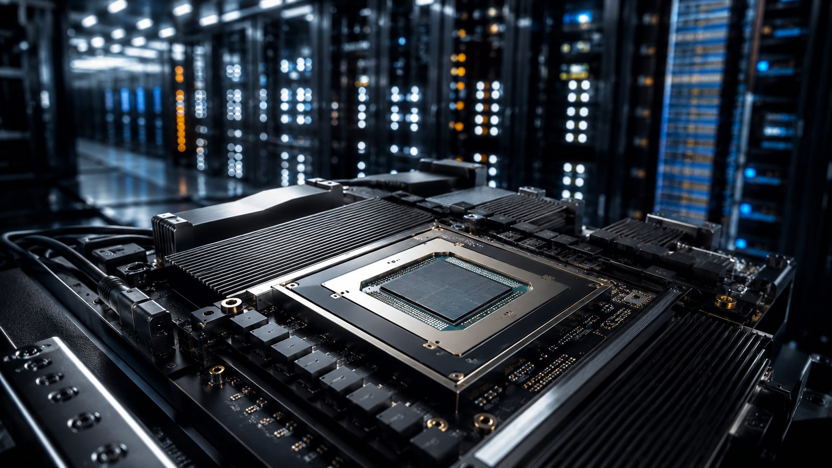 Processador avançado instalado em placa para servidores de inteligência artificial.