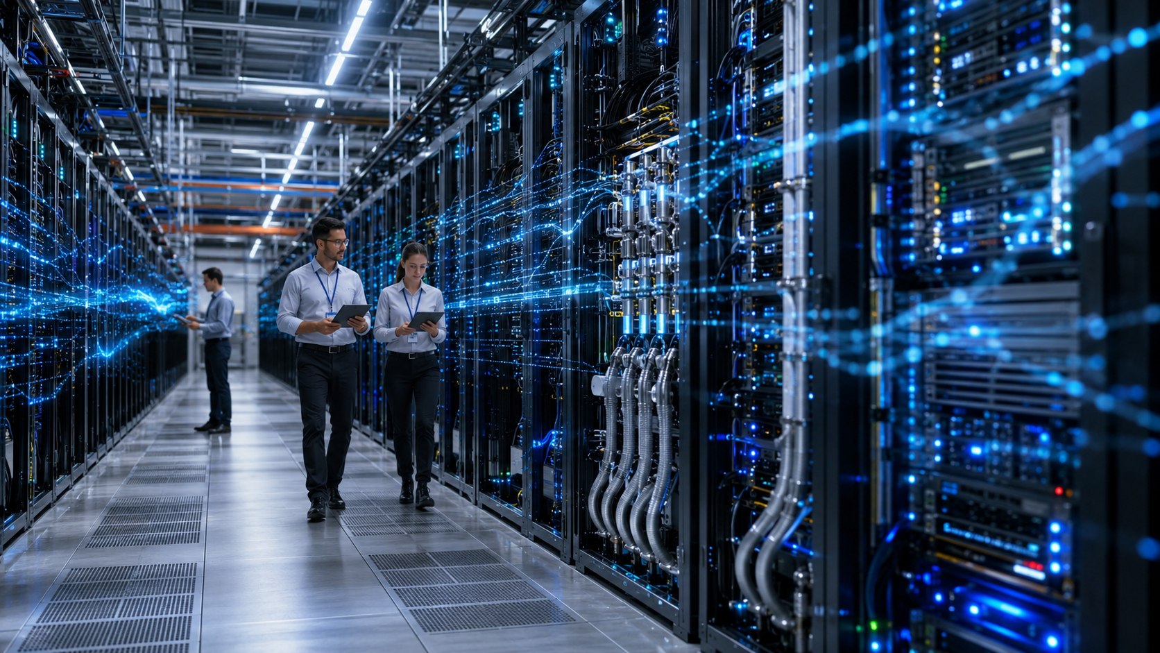 Corredor de data center com servidores e equipes técnicas acompanhando a infraestrutura.