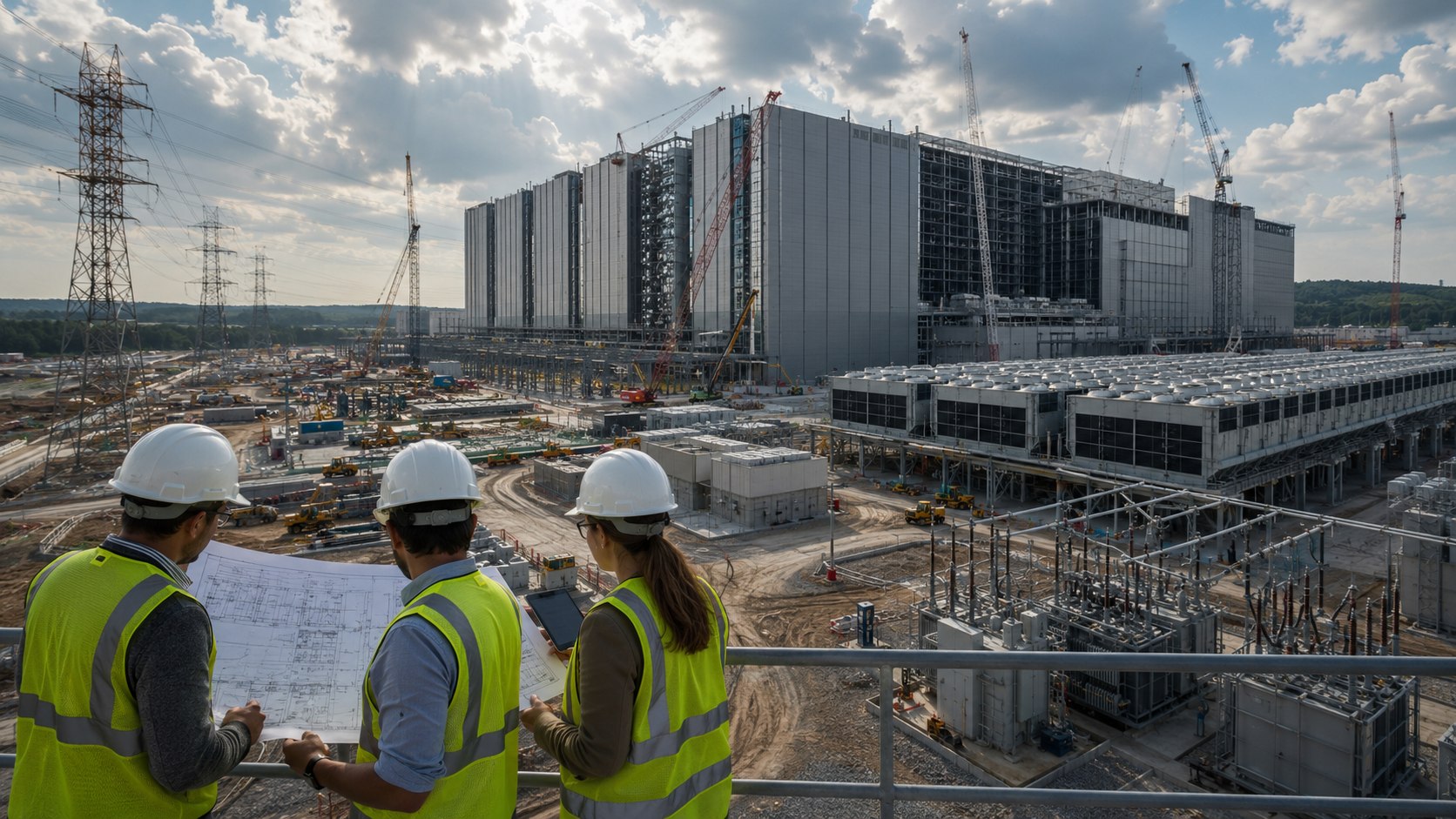 Construção de um grande centro de dados com torres de energia e equipes de engenharia.