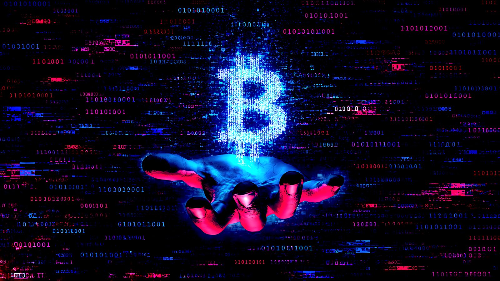 Mão projetando o símbolo do Bitcoin em ambiente digital azul e rosa.