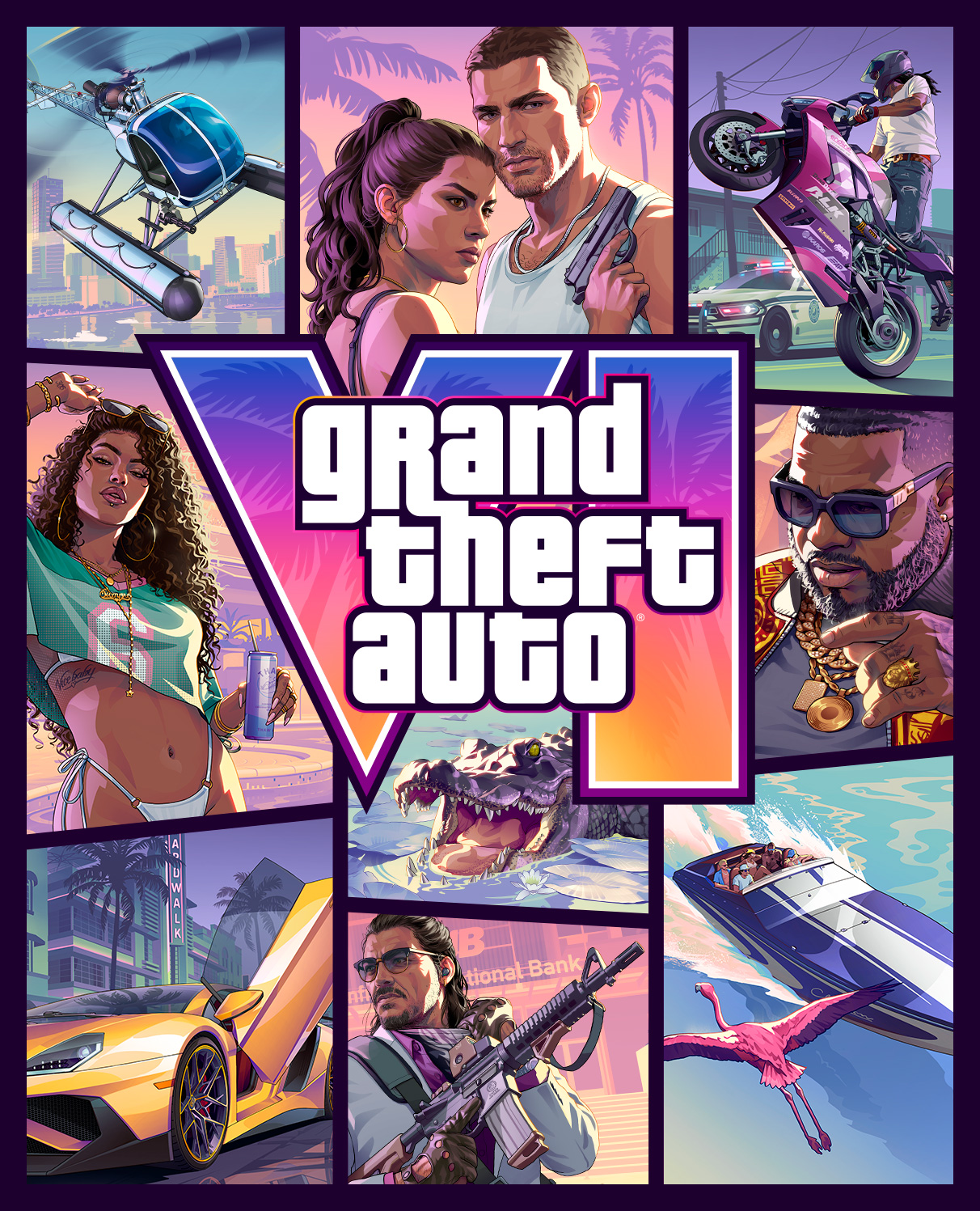 Mosaico promocional de Grand Theft Auto VI com personagens e cenas de ação.
