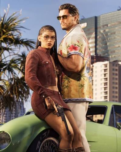 Arte de GTA VI com Jason e Lucia próximos a um carro verde.
