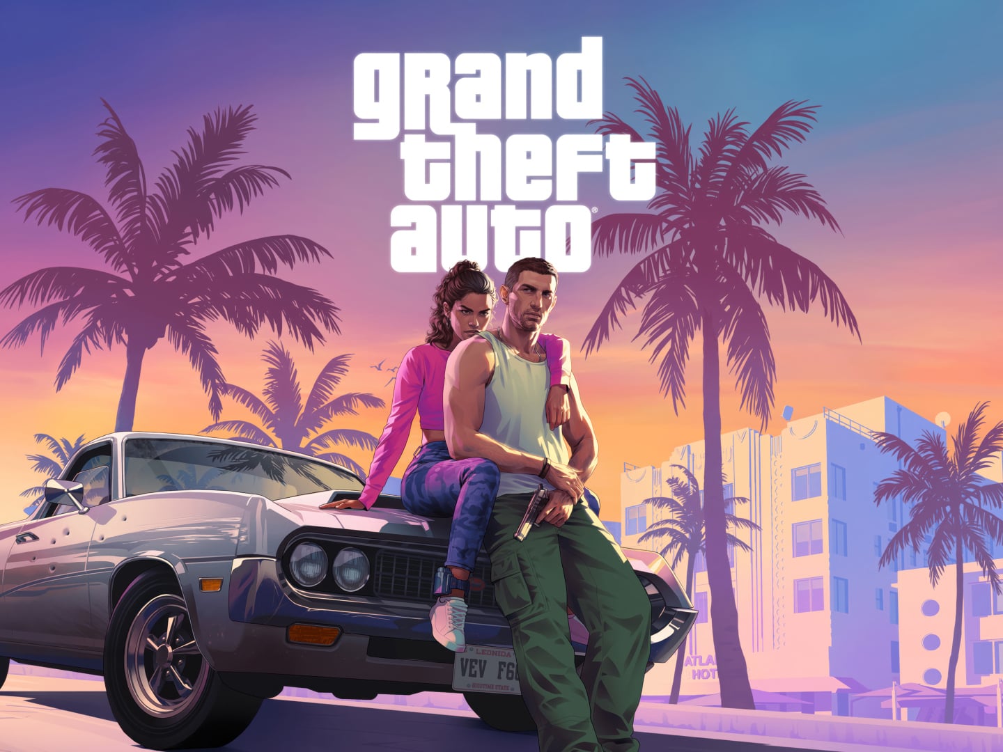 Arte de GTA VI com personagens em cenário ensolarado de Vice City.