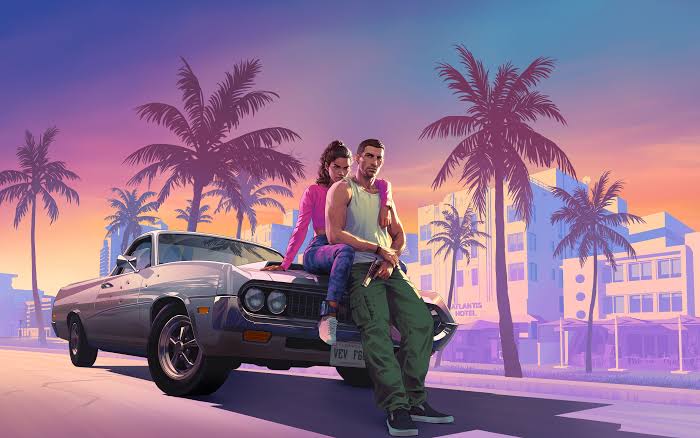 Arte de GTA VI com carro, palmeiras e pôr do sol.