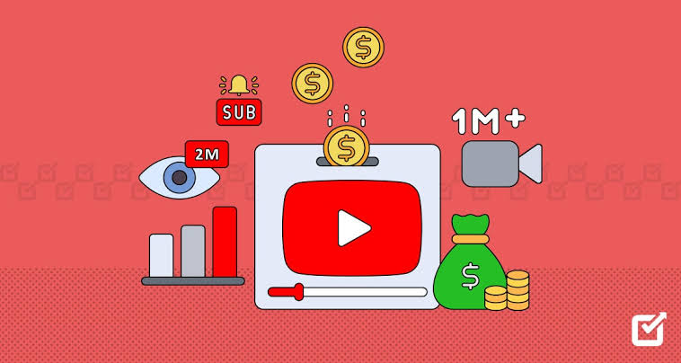 Ilustração com player do YouTube, moedas, gráfico de crescimento e números de inscritos e visualizações.