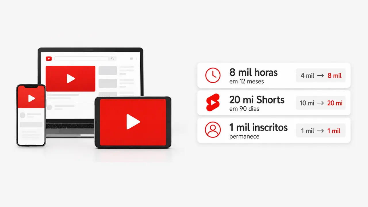 Dispositivos com o logo do YouTube ao lado das novas metas de monetização do YPP.