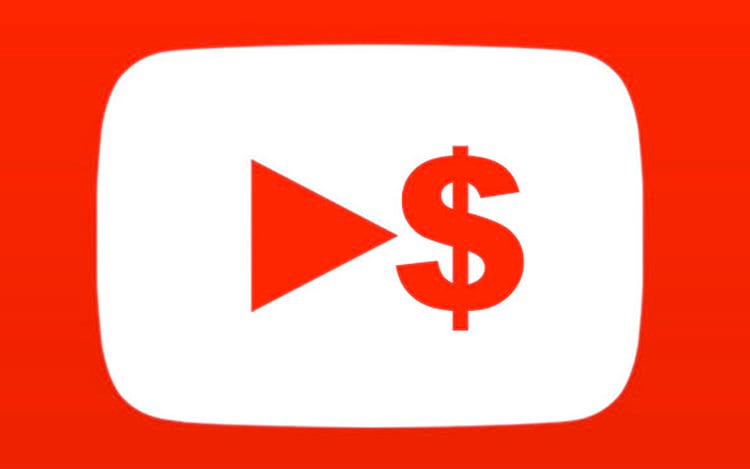 Logo do YouTube com símbolo de dólar sobre fundo vermelho.
