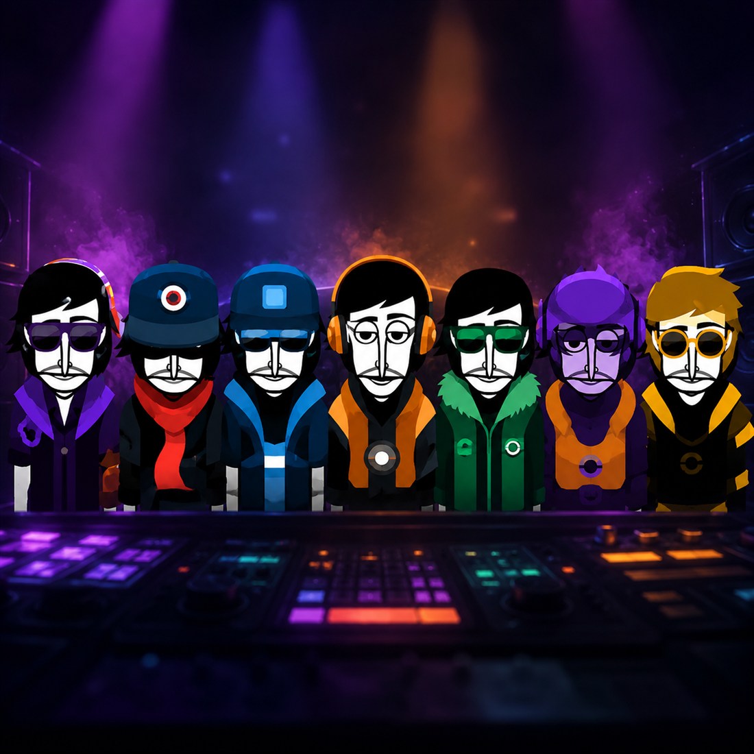 Personagens coloridos inspirados em beatbox em um palco com mesa de som, representando a experiência musical do Incredibox.