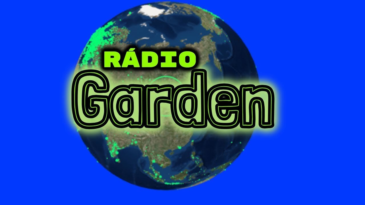 Logo do Radio Garden sobre um globo terrestre azul com pontos verdes de estações de rádio.
